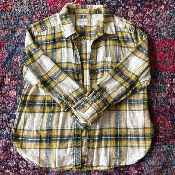 Yellow and Blue Plaid Flannel Boyfriend Fit Button Down Shirt - Picture 1 of 3